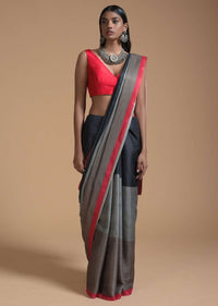 Green And Black Saree In Silk With Color-Blocked Print Online - Kalki Fashion