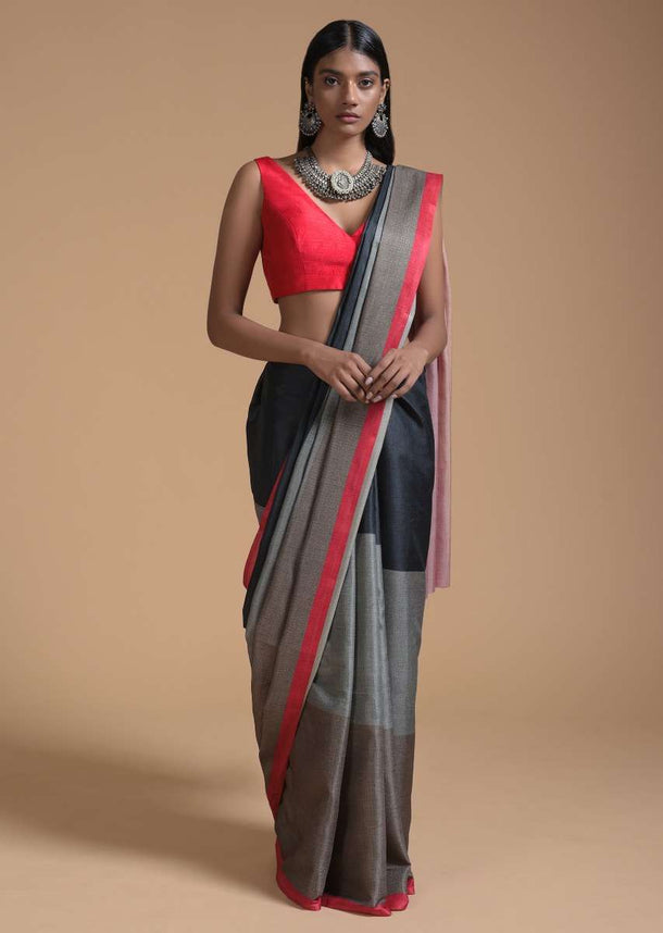 Green And Black Saree In Silk With Color-Blocked Print Online - Kalki Fashion