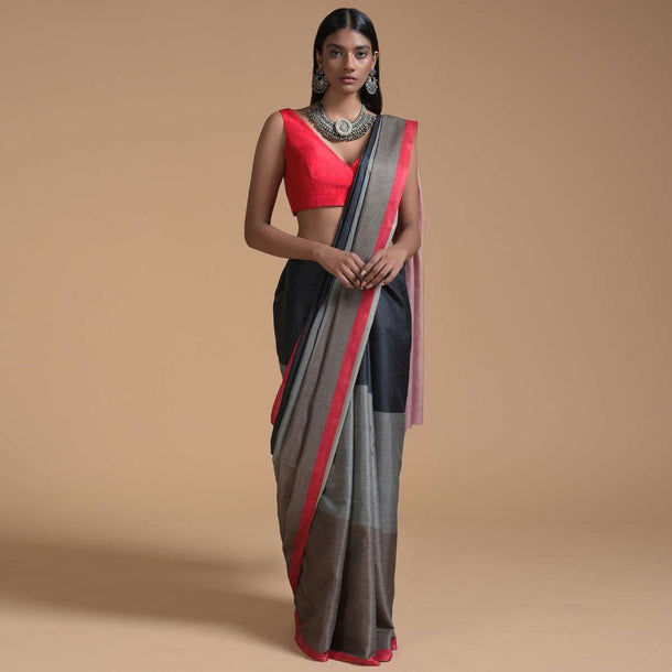 Green And Black Saree In Silk With Color-Blocked Print Online - Kalki Fashion