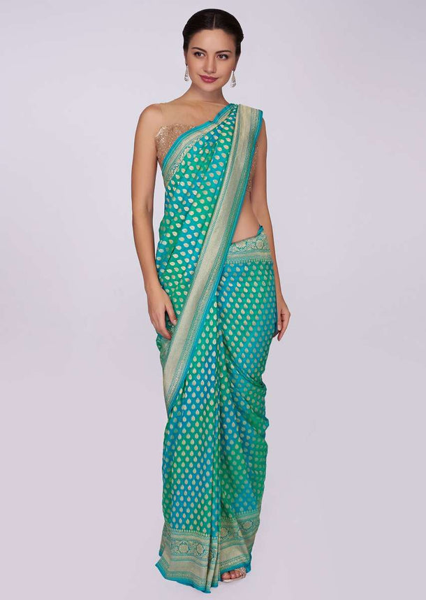 Green and blue shade banarasi silk weaved saree