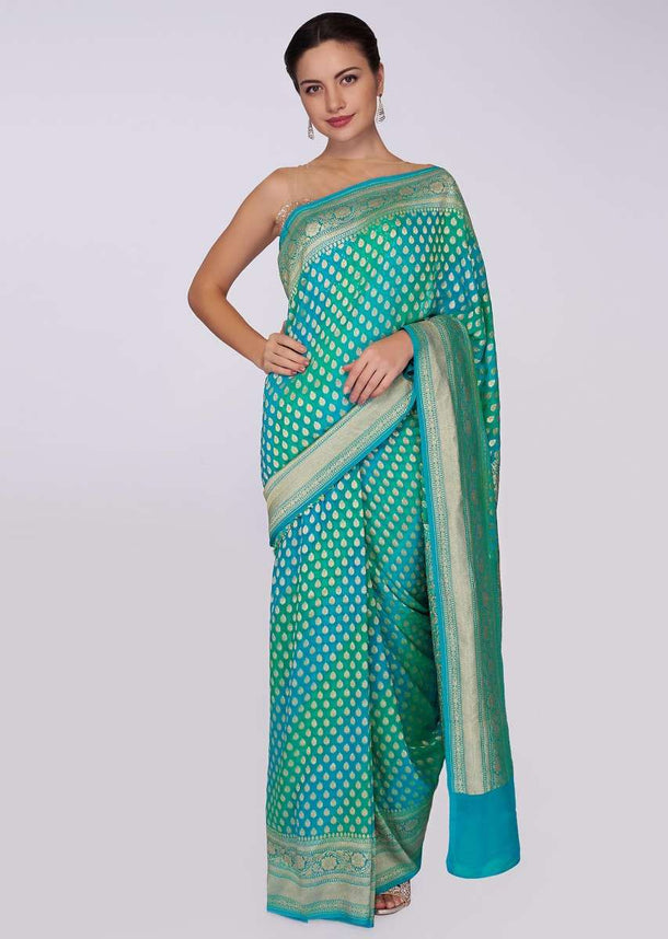 Green and blue shade banarasi silk weaved saree