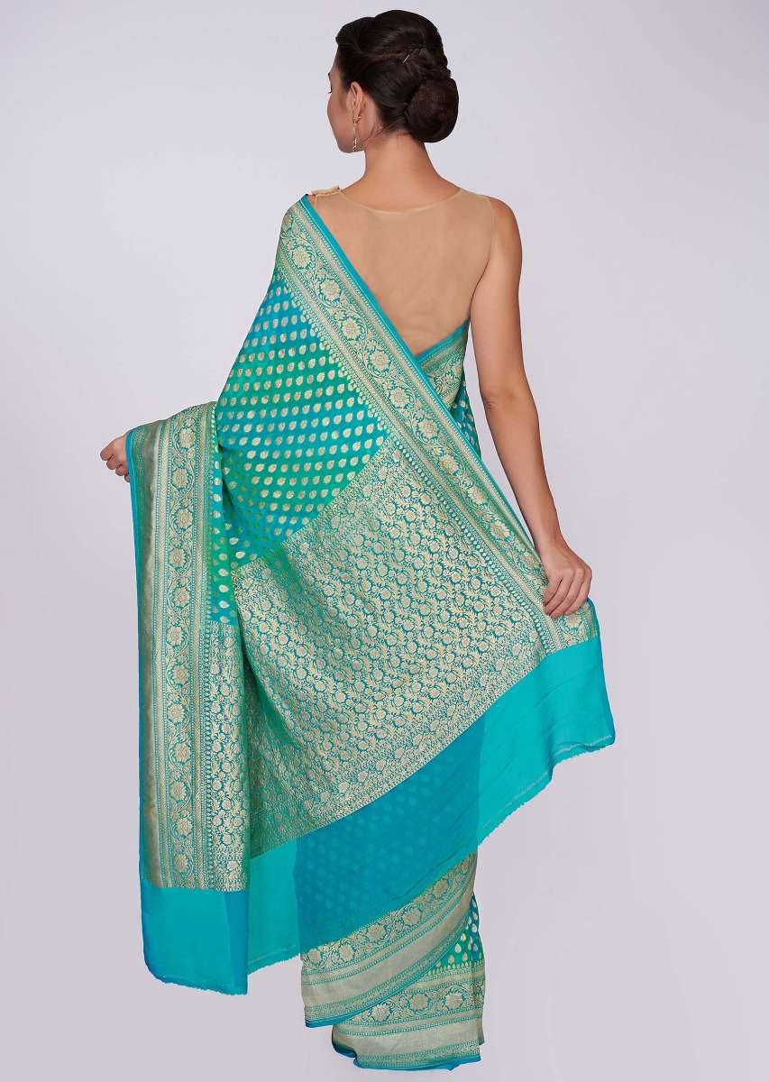 Green and blue shade banarasi silk weaved saree