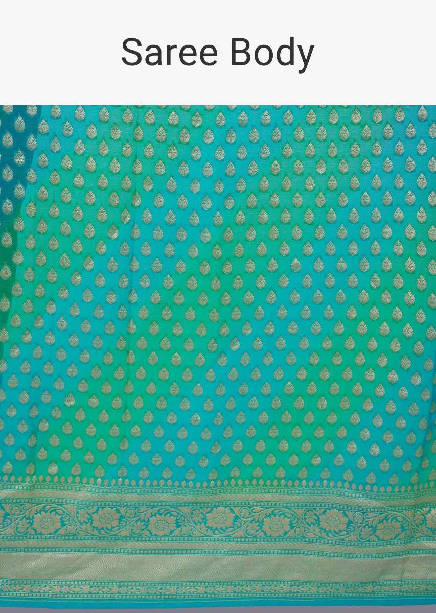 Green and blue shade banarasi silk weaved saree
