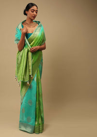 Green And Blue Shaded Saree In Organza With Woven Round Buttis And Unstitched Blouse