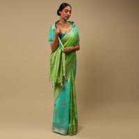 Green And Blue Shaded Saree In Organza With Woven Round Buttis And Unstitched Blouse