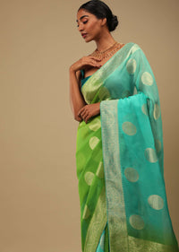 Green And Blue Shaded Saree In Organza With Woven Round Buttis And Unstitched Blouse