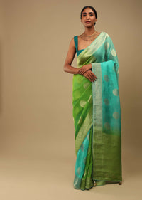 Green And Blue Shaded Saree In Organza With Woven Round Buttis And Unstitched Blouse