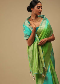 Green And Blue Shaded Saree In Organza With Woven Round Buttis And Unstitched Blouse