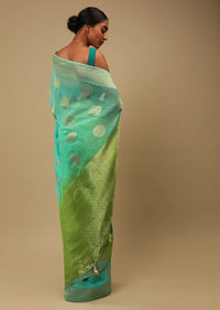 Green And Blue Shaded Saree In Organza With Woven Round Buttis And Unstitched Blouse