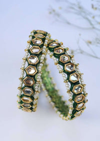 Green And Gold Bangles Adorned In Kundan With Hints Of Green Enamel And Two Pearl Layers On The Edges By Paisley Pop