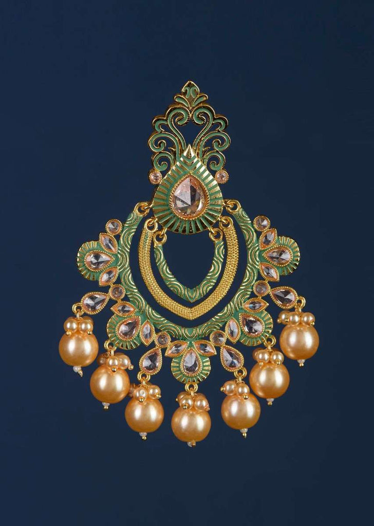 Green And Gold Plated Earrings In Ethnic Design With Stones And Pearls Online - Kalki Fashion