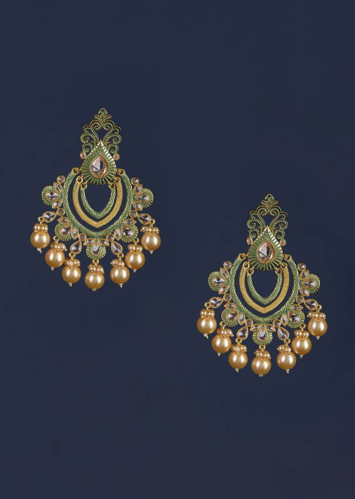 Green And Gold Plated Earrings In Ethnic Design With Stones And Pearls Online - Kalki Fashion