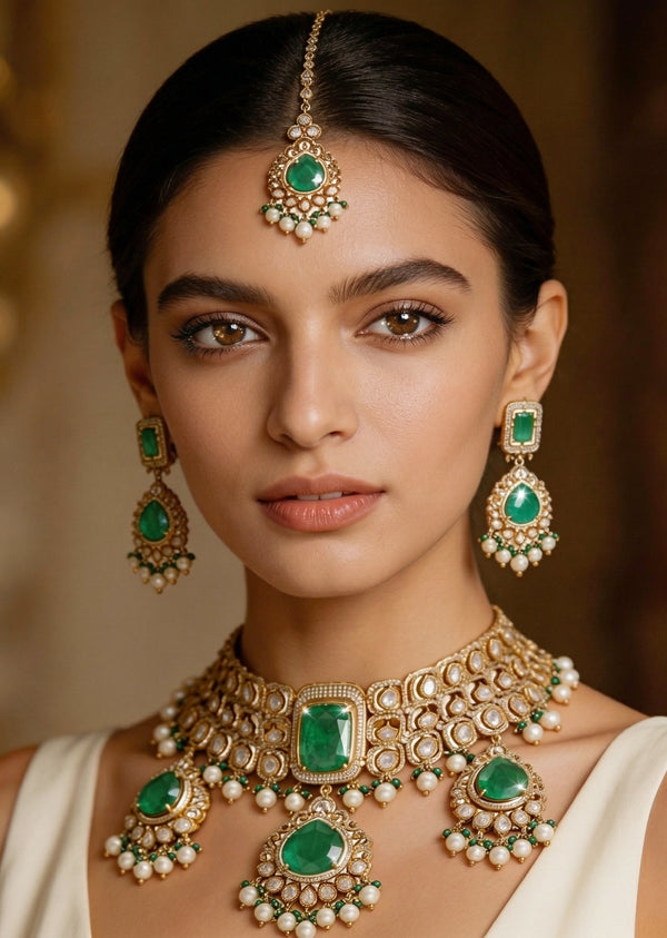 Green And Gold Teardrop Pendant Necklace Set With Maangtika