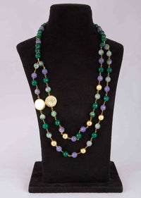 Green And Lilac Shaded Round Beaded Necklace With Golden Disk At The Sides Online - Kalki Fashion