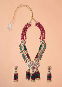 Green And Magenta Beads Necklace With Kundan In Floral Pattern And Matching Earrings Set Online - Kalki Fashion