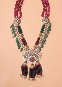 Green And Magenta Beads Necklace With Kundan In Floral Pattern And Matching Earrings Set Online - Kalki Fashion