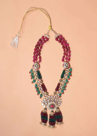 Green And Magenta Beads Necklace With Kundan In Floral Pattern And Matching Earrings Set Online - Kalki Fashion