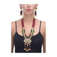 Green And Magenta Beads Necklace With Kundan In Floral Pattern And Matching Earrings Set Online - Kalki Fashion