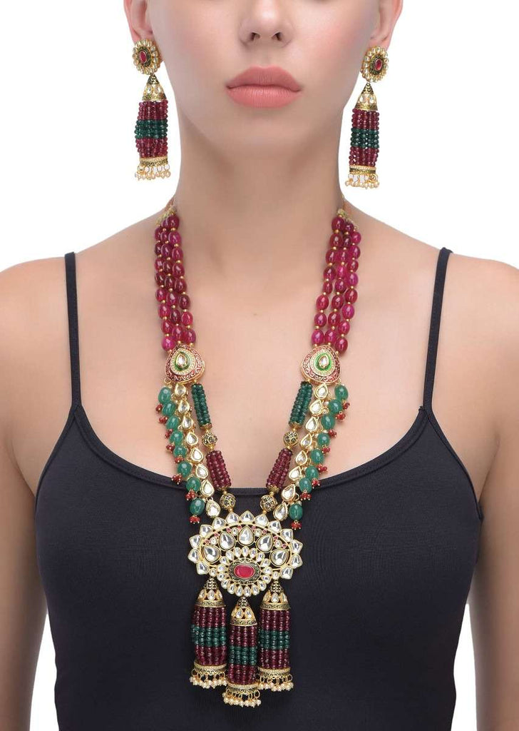 Green And Magenta Beads Necklace With Kundan In Floral Pattern And Matching Earrings Set Online - Kalki Fashion