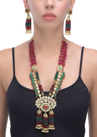 Green And Magenta Beads Necklace With Kundan In Floral Pattern And Matching Earrings Set Online - Kalki Fashion