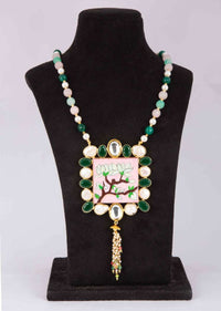 Green And Pink Beaded Necklace With Hand Painted Wooden Pendant Online - Kalki Fashion