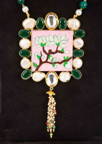 Green And Pink Beaded Necklace With Hand Painted Wooden Pendant Online - Kalki Fashion