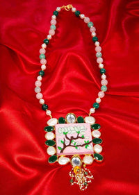 Green And Pink Beaded Necklace With Hand Painted Wooden Pendant Online - Kalki Fashion