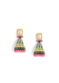 Green And Pink Jhumkas With Hand Painted Enamel Work Embellished With Kundan And Dangling Multi Colored Bead Fringes
