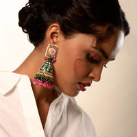 Green And Pink Jhumkas With Hand Painted Enamel Work Embellished With Kundan And Dangling Multi Colored Bead Fringes