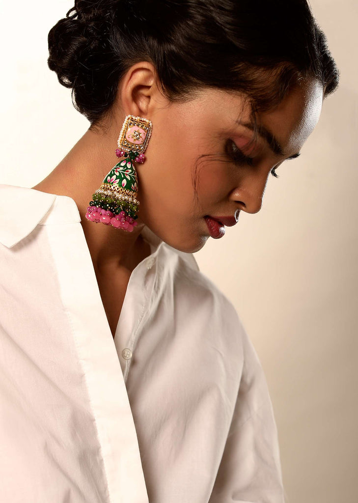 Green And Pink Jhumkas With Hand Painted Enamel Work Embellished With Kundan And Dangling Multi Colored Bead Fringes