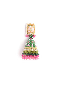 Green And Pink Jhumkas With Hand Painted Enamel Work Embellished With Kundan And Dangling Multi Colored Bead Fringes