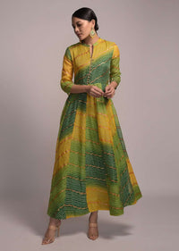 Green And Yellow Shaded Anarkali Tunic With Bandhani And Foil Print