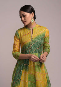 Green And Yellow Shaded Anarkali Tunic With Bandhani And Foil Print