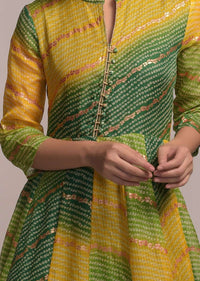 Green And Yellow Shaded Anarkali Tunic With Bandhani And Foil Print