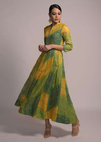 Green And Yellow Shaded Anarkali Tunic With Bandhani And Foil Print