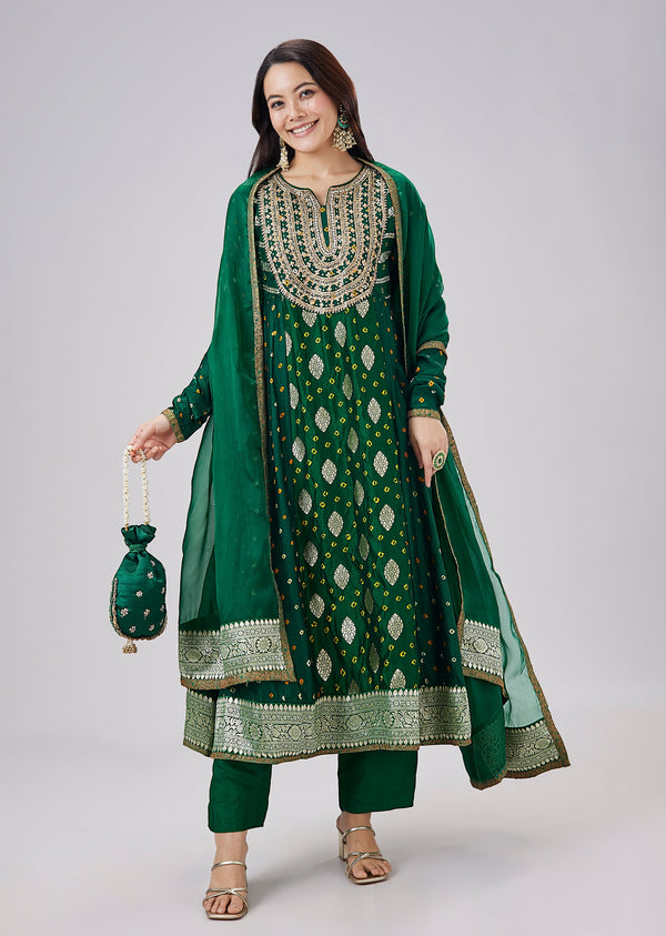 Green Banarasi Heavily Embroidered Bandhani Anarkali Set