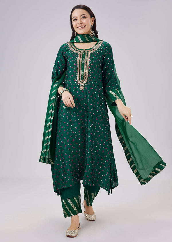 Dark Green Banarasi Bandhani Kurta Set With Dupatta