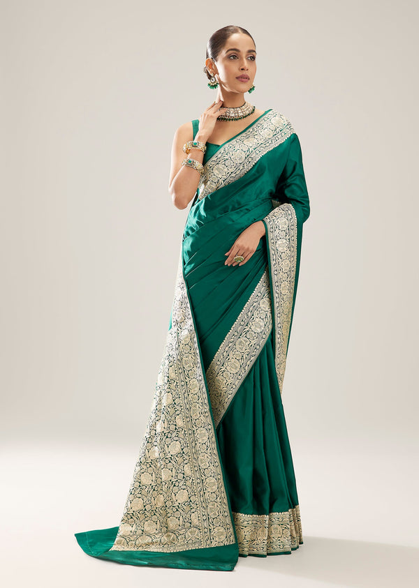 Green Banarasi Satin Saree With Heavy Embroidery