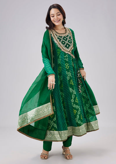 Green Bandhani And Leheriya Georgette Angrakha Anarkali Set