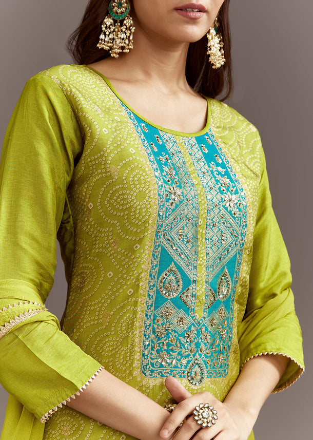 Green Bandhani Dola Silk Kurta Set With Gotta Lace Dupatta