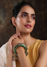 Green Bangle Featuring Hand Painted Minakari And Traditional Punjabi Jadau Work With Shell Pearls By Paisley Pop