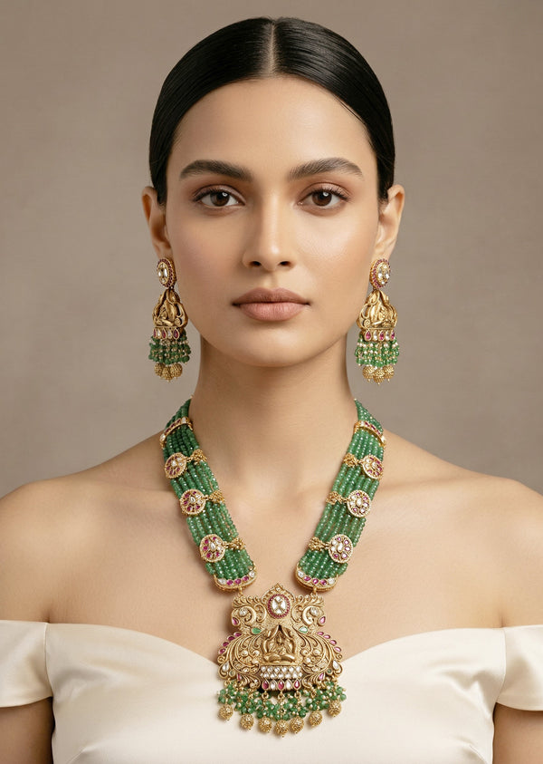 Green Beaded Necklace Set With Floral Accents And Pendant