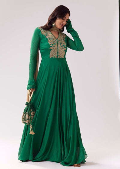 Green Beige Zardozi Anarkali With V Neck