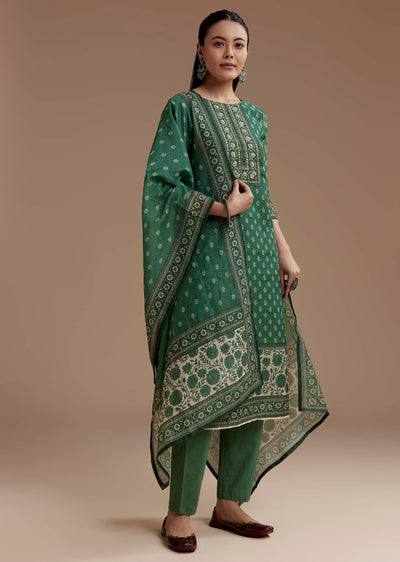 Green Chanderi Block Print Kurta Set