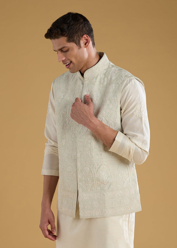 Green Chanderi Mens Jacket Kurta Set