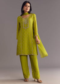 Green Chinon Kurta Set With Cutdana Moti Work Dupatta