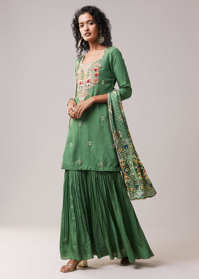 Green Chinon Silk Zardozi Embellished Kurta Sharara Set