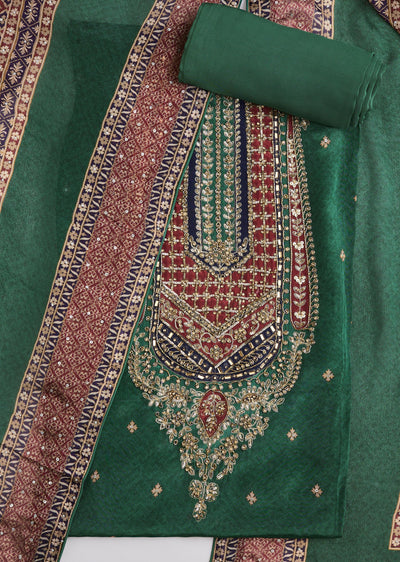 Green Crepe Embroidered Unstitched Suit Set With Dupatta