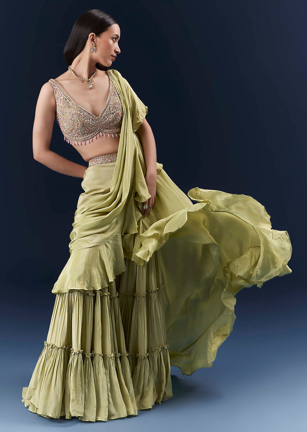 Green Crepe Ready Pleated Saree With Intricate Embroidery