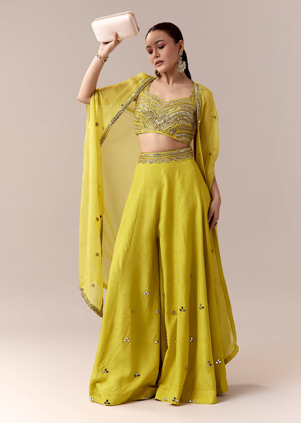 Green Crop Top Pants Indo Western With Mirror Cut Dana Work